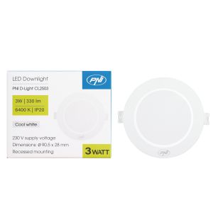 Spot LED PNI D-Light CL2503 3W, incastrabil, rotund, 90.5*28mm, 6400K, alimentare 230V, 330 lm, alb
