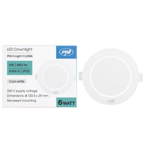 Spot LED PNI D-Light CL2506 6W, incastrabil, rotund, 120.5*28.4mm, 6400K, alimentare 230V, 660 lm, alb