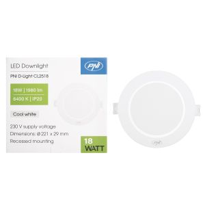 Spot LED PNI D-Light CL2518 18W, incastrabil, rotund, 220.7*28.9mm, 6400K, alimentare 230V, 1980 lm, alb