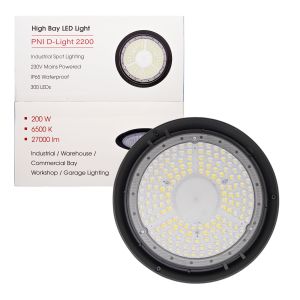 Lampa LED PNI D-Light 2200 tip High Bay, 200W, 27000lm, 6500K, alimentare 230 V, IP65, pentru iluminat industrial in spa