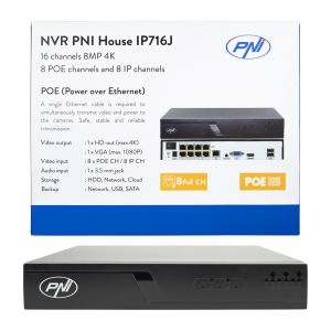 NVR POE PNI House IP716J, 16 canale 4K 8MP, 8 canale POE si 8 canale IP, negru