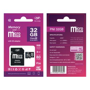 Card de memorie MicroSD PNI 32GB cu adaptor SD, Clasa 10, 80 Mb/s, V30