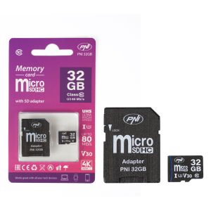 Card de memorie MicroSD PNI 32GB cu adaptor SD, Clasa 10, 80 Mb/s, V30