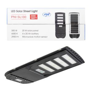 Lampa de iluminat stradal PNI SL130 20W, cu panou solar incorporat 20W, 6500K, 2900lm, 4 x acumulator 20Ah incorporat, s