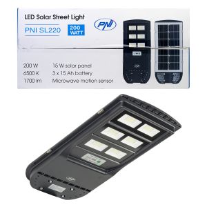 Lampa de iluminat stradal PNI SL220 13W, cu panou solar incorporat 15W, 6500K, 1700lm, 3 x acumulator 15Ah incorporat, s