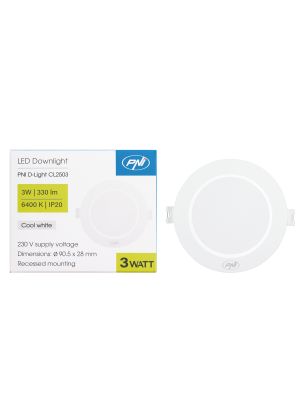 Spot LED PNI D-Light CL2503 3W, incastrabil, rotund, 90.5*28mm, 6400K, alimentare 230V, 330 lm, alb