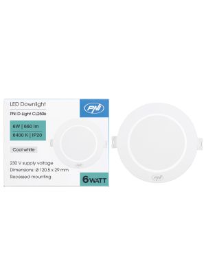 Spot LED PNI D-Light CL2506 6W, incastrabil, rotund, 120.5*28.4mm, 6400K, alimentare 230V, 660 lm, alb