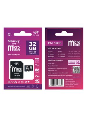 Card de memorie MicroSD PNI 32GB cu adaptor SD, Clasa 10, 80 Mb/s, V30