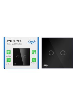 Intrerupator dublu cu touch PNI SH222 din sticla, negru cu LED indicator, 10A, 2X200W