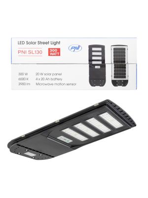 Lampa de iluminat stradal PNI SL130 20W, cu panou solar incorporat 20W, 6500K, 2900lm, 4 x acumulator 20Ah incorporat, s