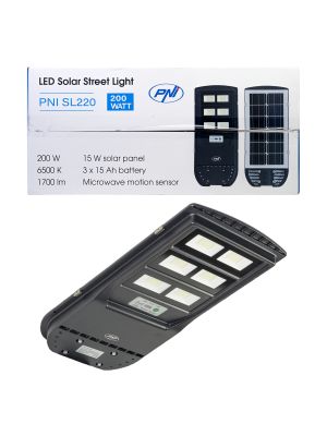 Lampa de iluminat stradal PNI SL220 13W, cu panou solar incorporat 15W, 6500K, 1700lm, 3 x acumulator 15Ah incorporat, s